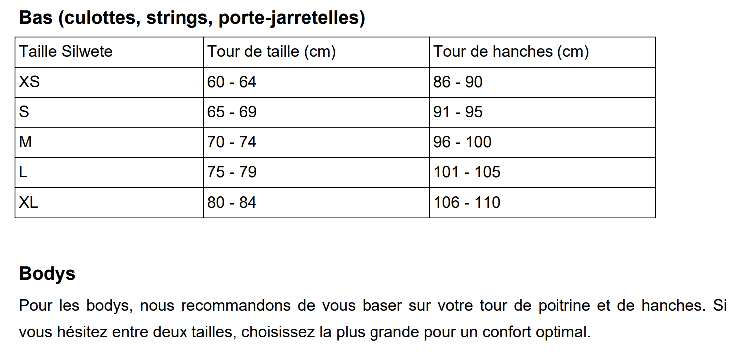 tableaux détaillés des mesures en centimètres pour les hauts (soutien-gorge, brassières), les bas (culottes, strings, porte-jarretelles) et les bodys. Conçu pour aider chaque femme à trouver la taille idéale et sublimer ses courbes.